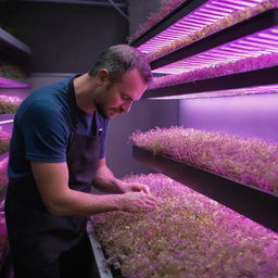 A farmer attentively nurturing a vibrant array of microgreens under the intense hues of LED lights in an urban farming setup.