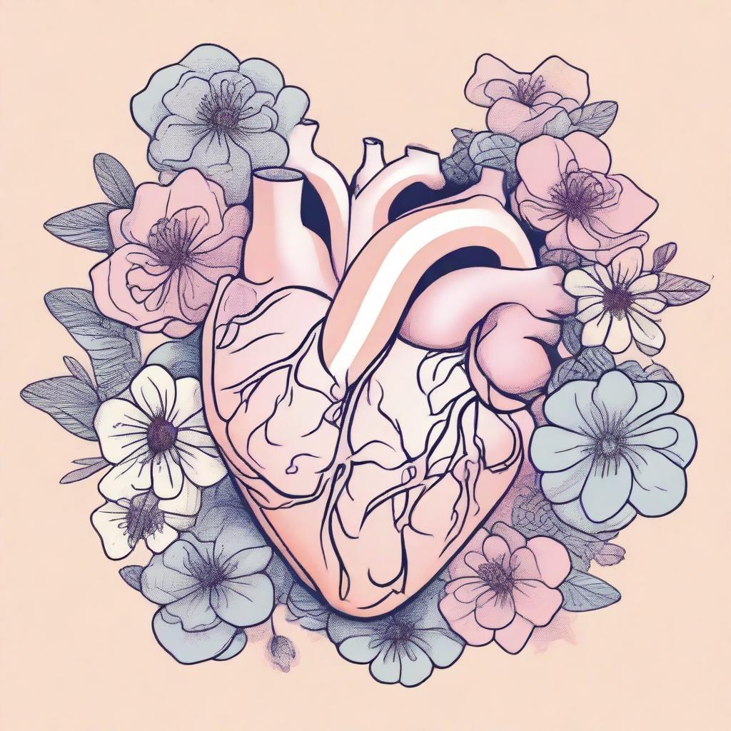 An illustration featuring the outlines of an anatomical heart intertwined with flowers