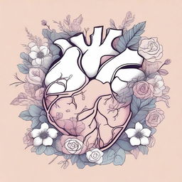 An illustration featuring the outlines of an anatomical heart intertwined with flowers