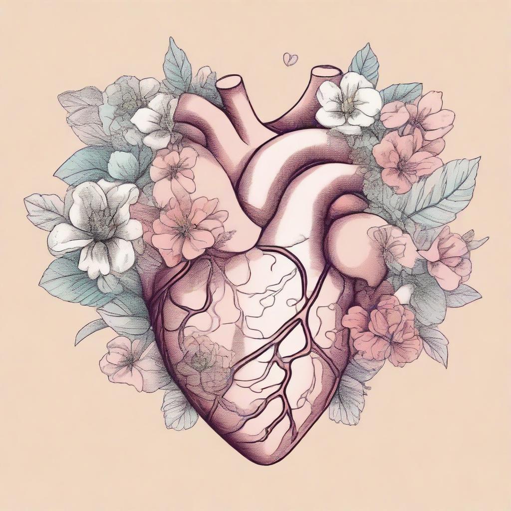 An illustration featuring the outlines of an anatomical heart intertwined with flowers