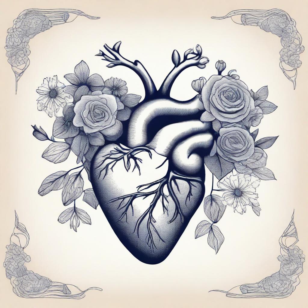 An illustration featuring the outlines of an anatomical heart intertwined with flowers