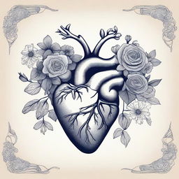 An illustration featuring the outlines of an anatomical heart intertwined with flowers