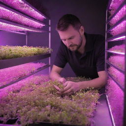 A farmer attentively nurturing a vibrant array of microgreens under the intense hues of LED lights in an urban farming setup.