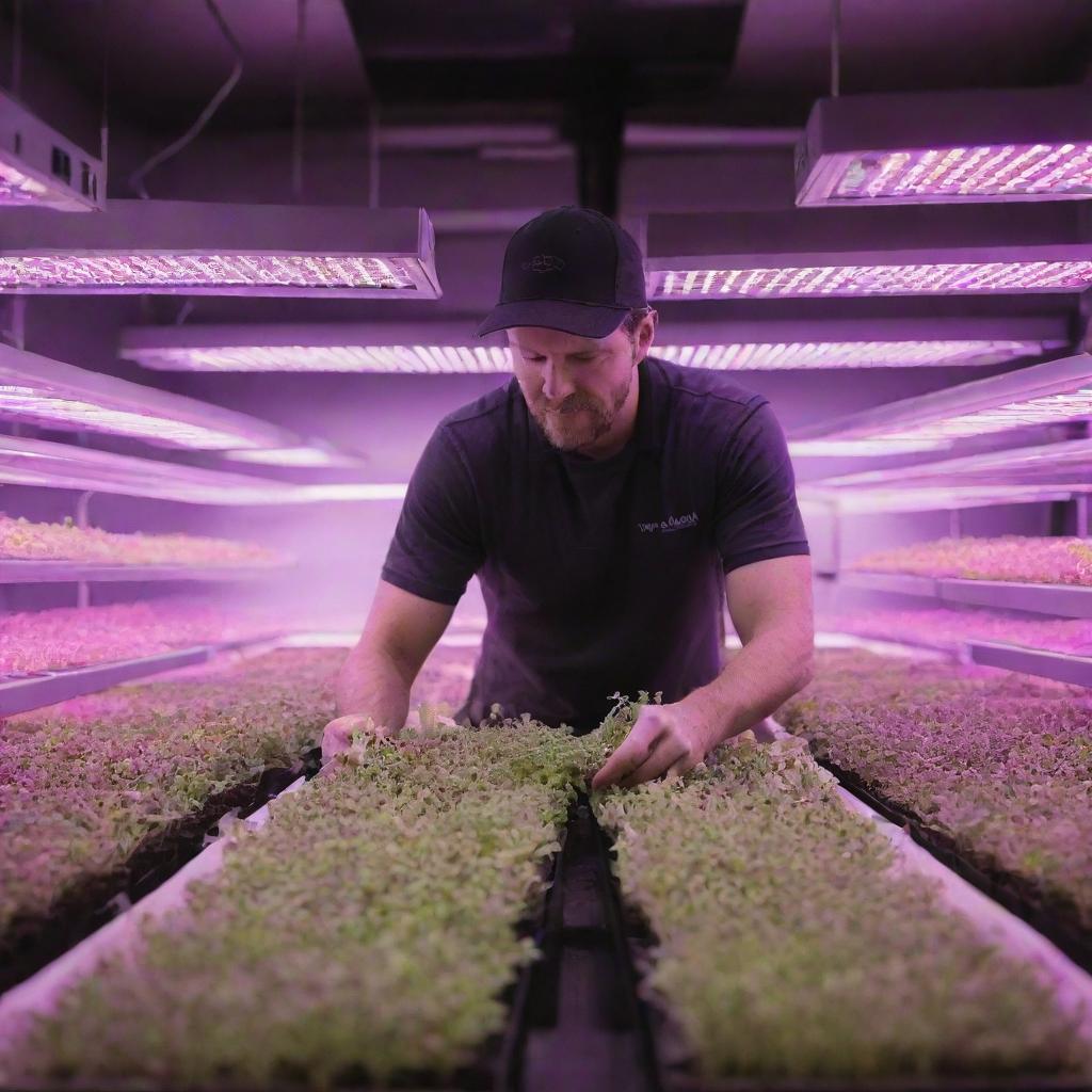 A diligent farmer tending microgreens under the glowing neon aura of LED lights in a bustling urban indoor farm.