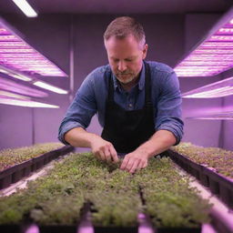 A diligent farmer tending microgreens under the glowing neon aura of LED lights in a bustling urban indoor farm.