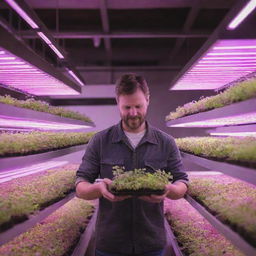 A diligent farmer tending microgreens under the glowing neon aura of LED lights in a bustling urban indoor farm.