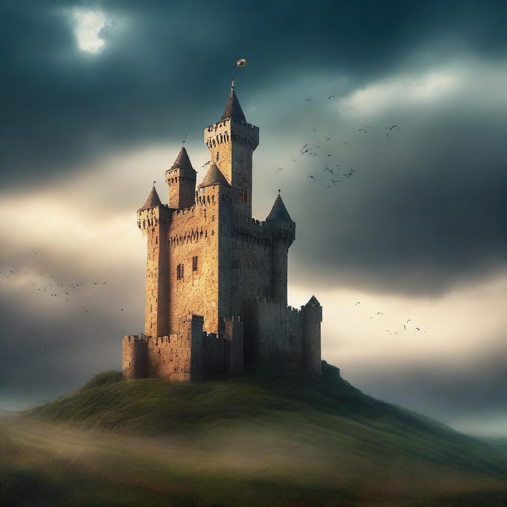 Design a captivating book cover featuring a medieval castle on a hilltop