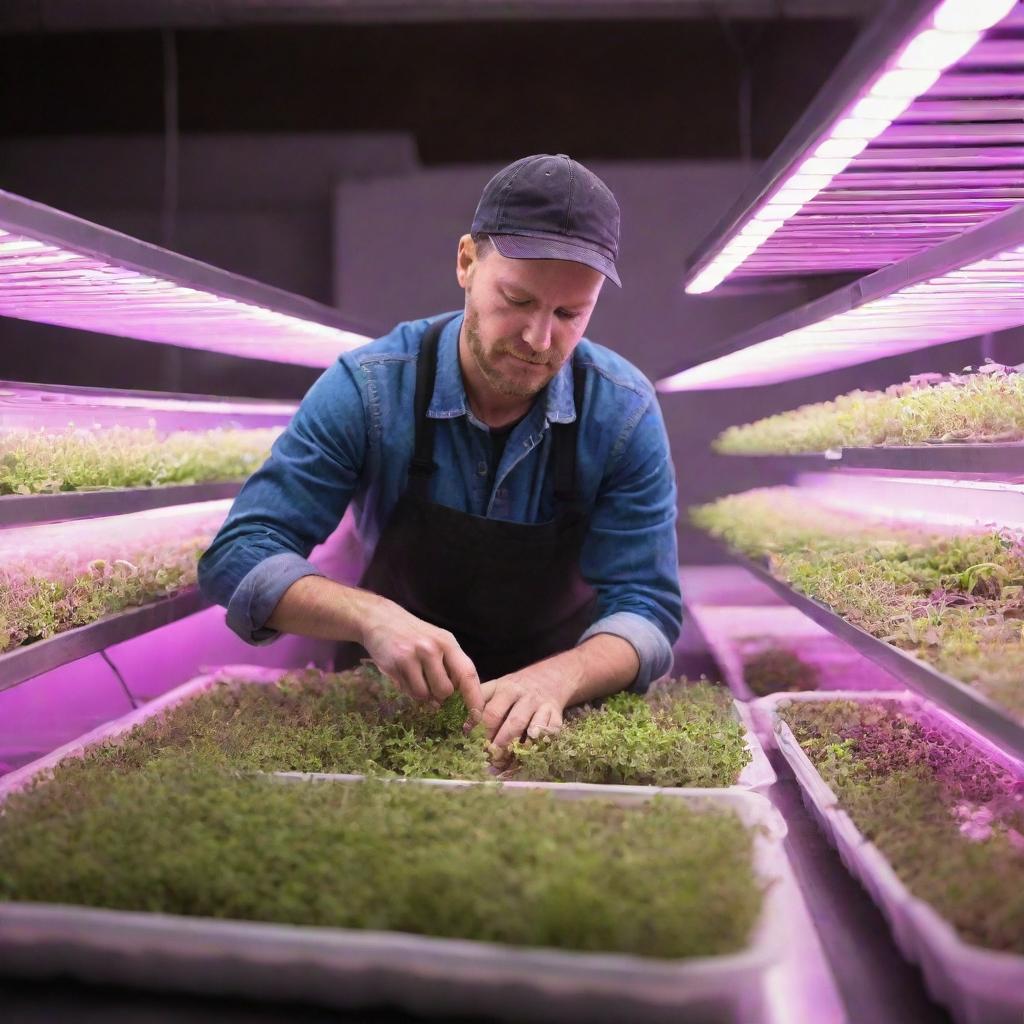 A diligent farmer tending microgreens under the glowing neon aura of LED lights in a bustling urban indoor farm.