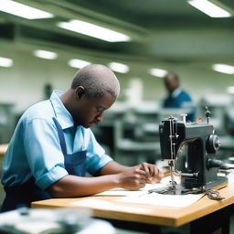 A mechanic repairing a sewing machine on a busy production floor