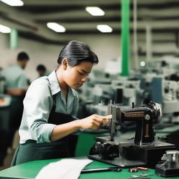 A mechanic repairing a sewing machine on a busy production floor