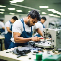 A mechanic repairing a sewing machine on a busy production floor