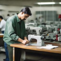 A mechanic repairing a sewing machine on a busy production floor