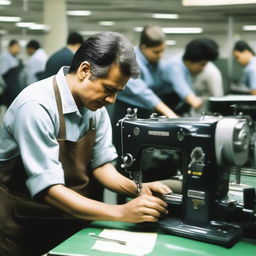 A mechanic repairing a sewing machine on a busy production floor, with a sewing operator observing closely