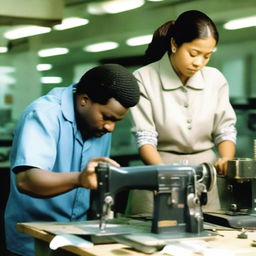 A mechanic repairing a sewing machine on a busy production floor, with a sewing operator observing closely