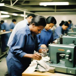 A mechanic repairing a sewing machine on a busy production floor, with a sewing operator observing closely