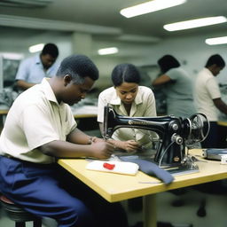 A mechanic repairing a sewing machine on a busy production floor, with a sewing operator observing closely