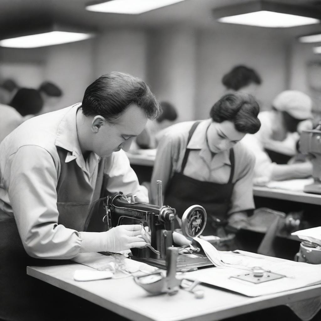 A mechanic repairing a sewing machine on a busy production floor, with a sewing operator observing closely