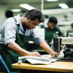 A mechanic repairing a sewing machine on a busy production floor, with a sewing operator observing closely