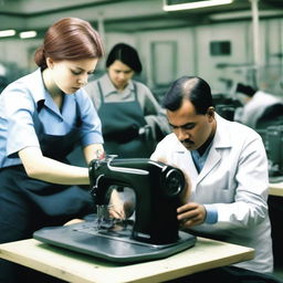 A mechanic repairing a sewing machine on a busy production floor, with a sewing operator observing closely