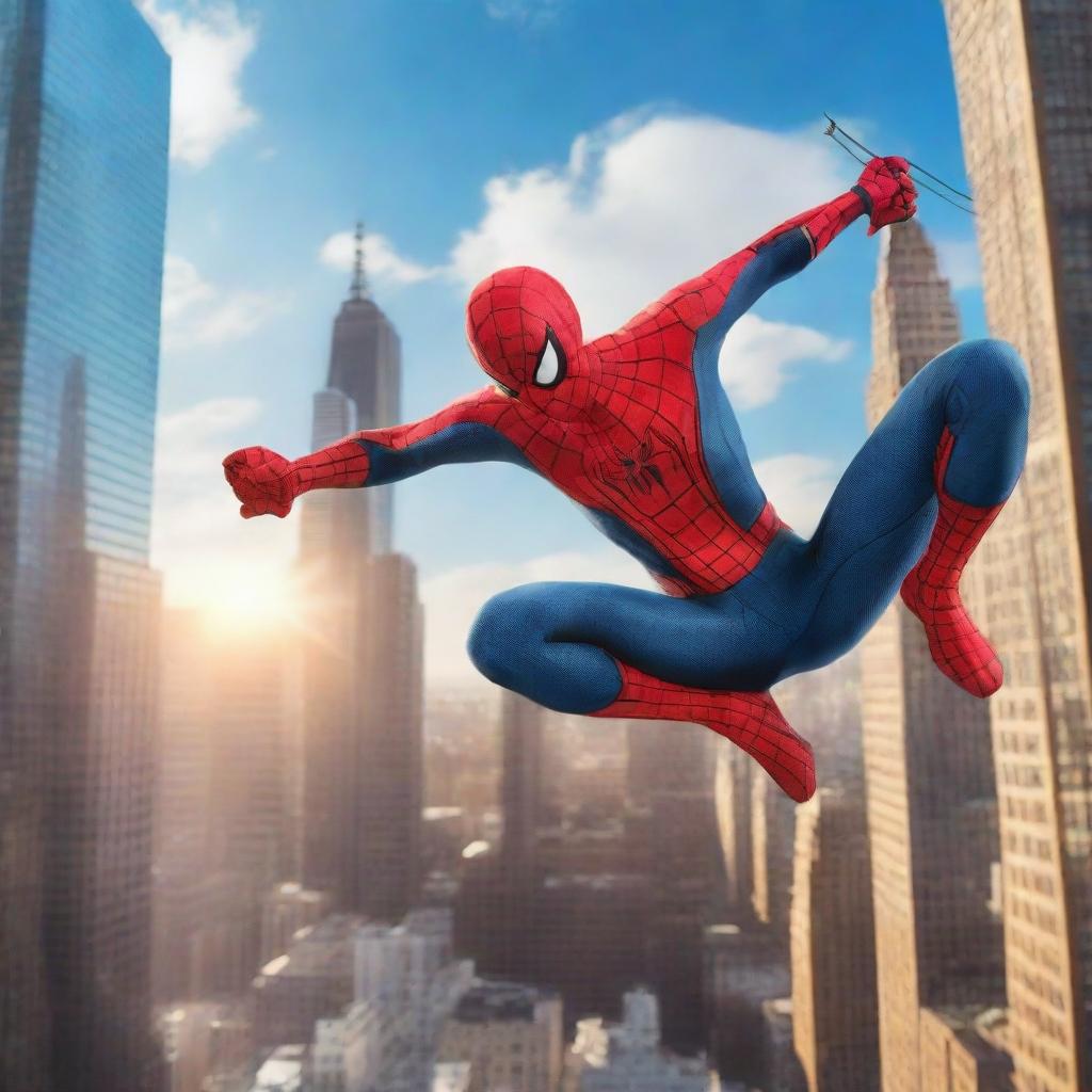 Create an image of Spiderman in an action pose swinging between skyscrapers in New York City