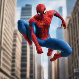 Create an image of Spiderman in an action pose swinging between skyscrapers in New York City