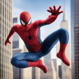 Create an image of Spiderman in an action pose swinging between skyscrapers in New York City