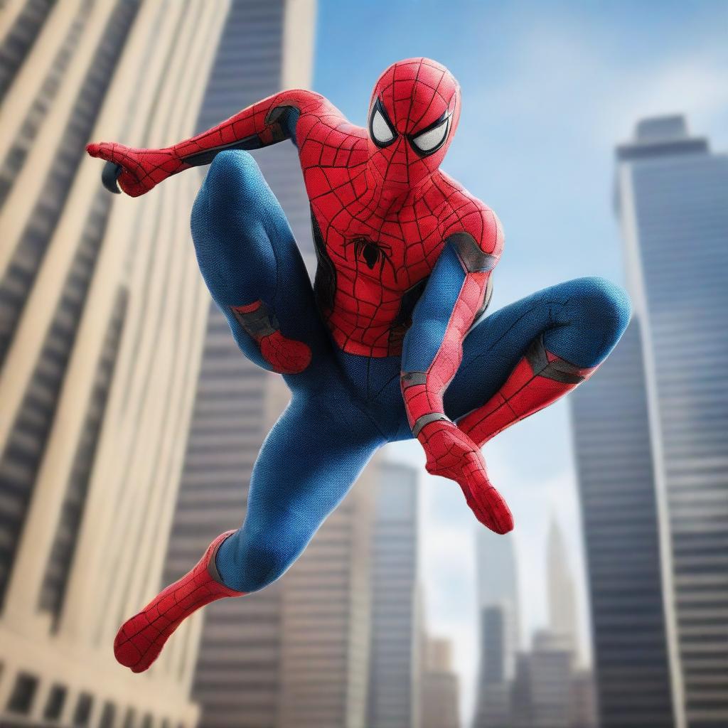 Create an image of Spiderman in an action pose swinging between skyscrapers in New York City