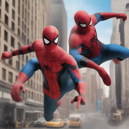 Create a photorealistic image of Spider-Man and Iron Man in an epic face-off in the bustling heart of New York City