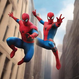 Create a photorealistic image of Spider-Man and Iron Man in an epic face-off in the bustling heart of New York City