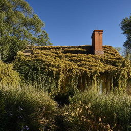 A charming rustic house nestled in serene woodland, with ivy crawling up its stone walls and smoke curling up from its brick chimney. In the garden, wild flowers sway in a gentle breeze under a clear blue sky.