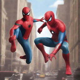 Create a photorealistic image of Spider-Man and Iron Man in an epic face-off in the bustling heart of New York City