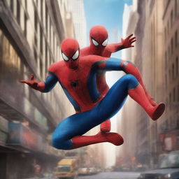 Create a photorealistic image of Spider-Man and Iron Man in an epic face-off in the bustling heart of New York City