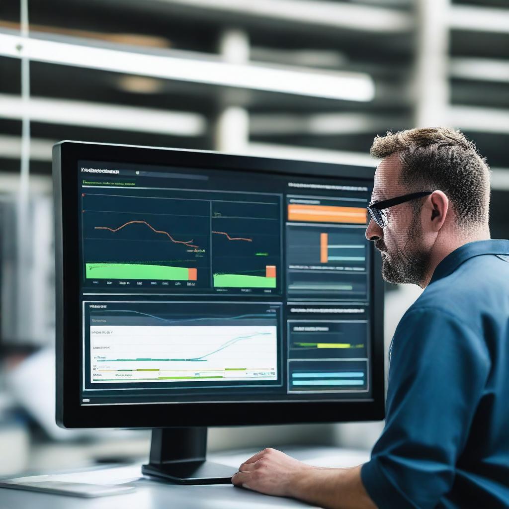 A machine downtime dashboard displayed on a large screen in a production floor, with a mechanic standing nearby