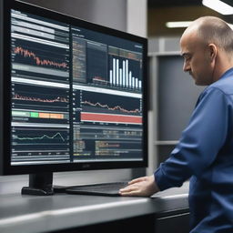 A machine downtime dashboard displayed on a large screen in a production floor, with a mechanic standing nearby