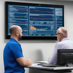 A machine downtime dashboard displayed on a large screen in a production floor, with a mechanic standing nearby