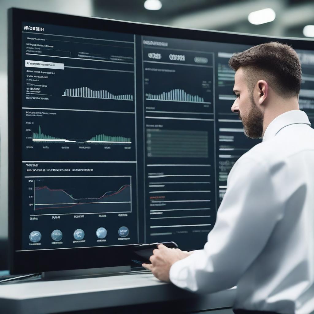 A machine downtime dashboard displayed on a large screen in a production floor, with a mechanic standing nearby