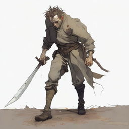 A gaunt, hunched-over man dragging a huge sword that scrapes the ground, leaving a trail behind him