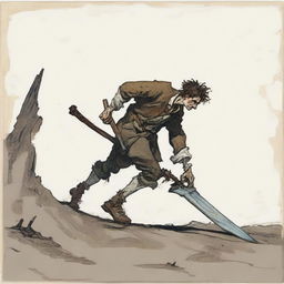 A gaunt, hunched-over man dragging a huge sword that scrapes the ground, leaving a trail behind him