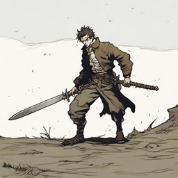 A gaunt, hunched-over man dragging a massive sword that scrapes the ground, leaving a trail behind him