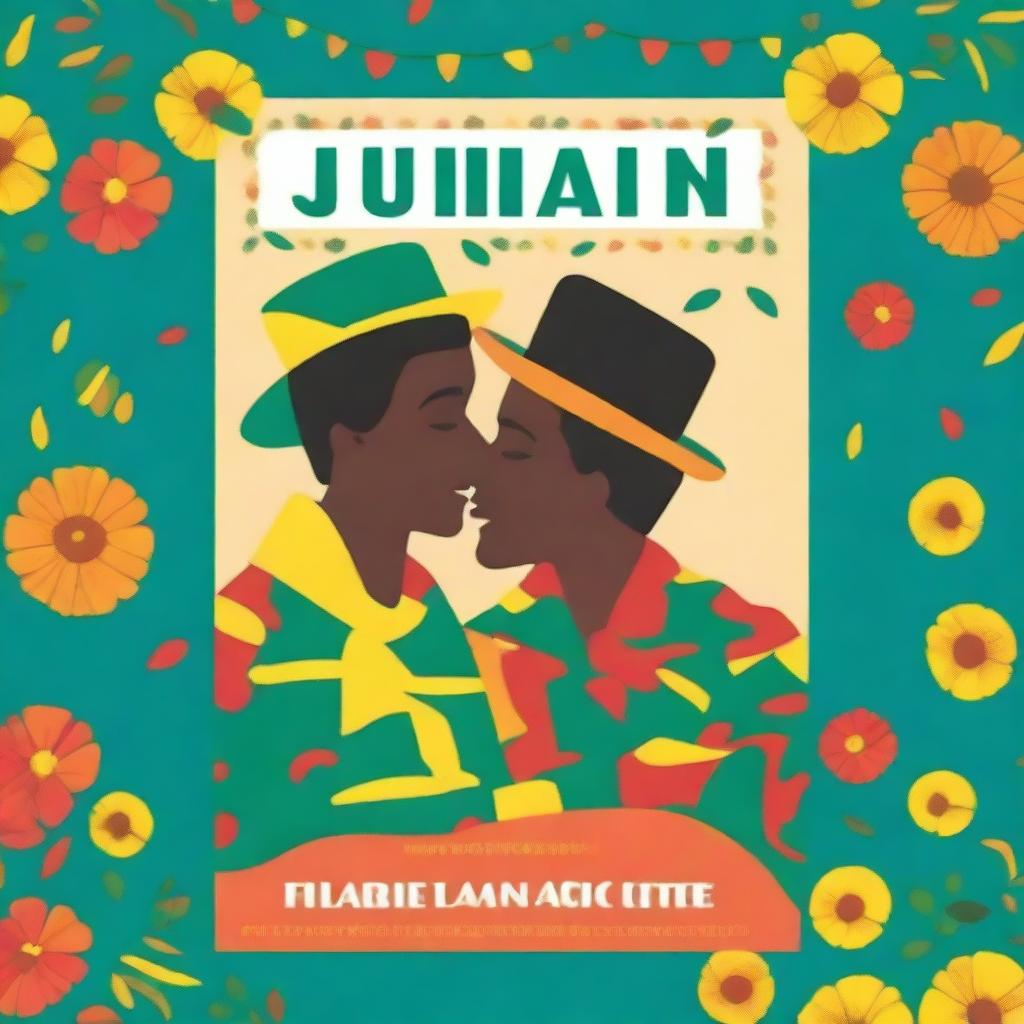 Create a book cover featuring two men kissing at a Festa Junina