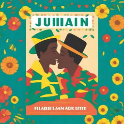 Create a book cover featuring two men kissing at a Festa Junina