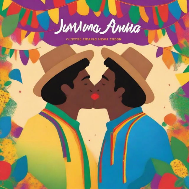 Create a book cover featuring two men kissing at a Festa Junina