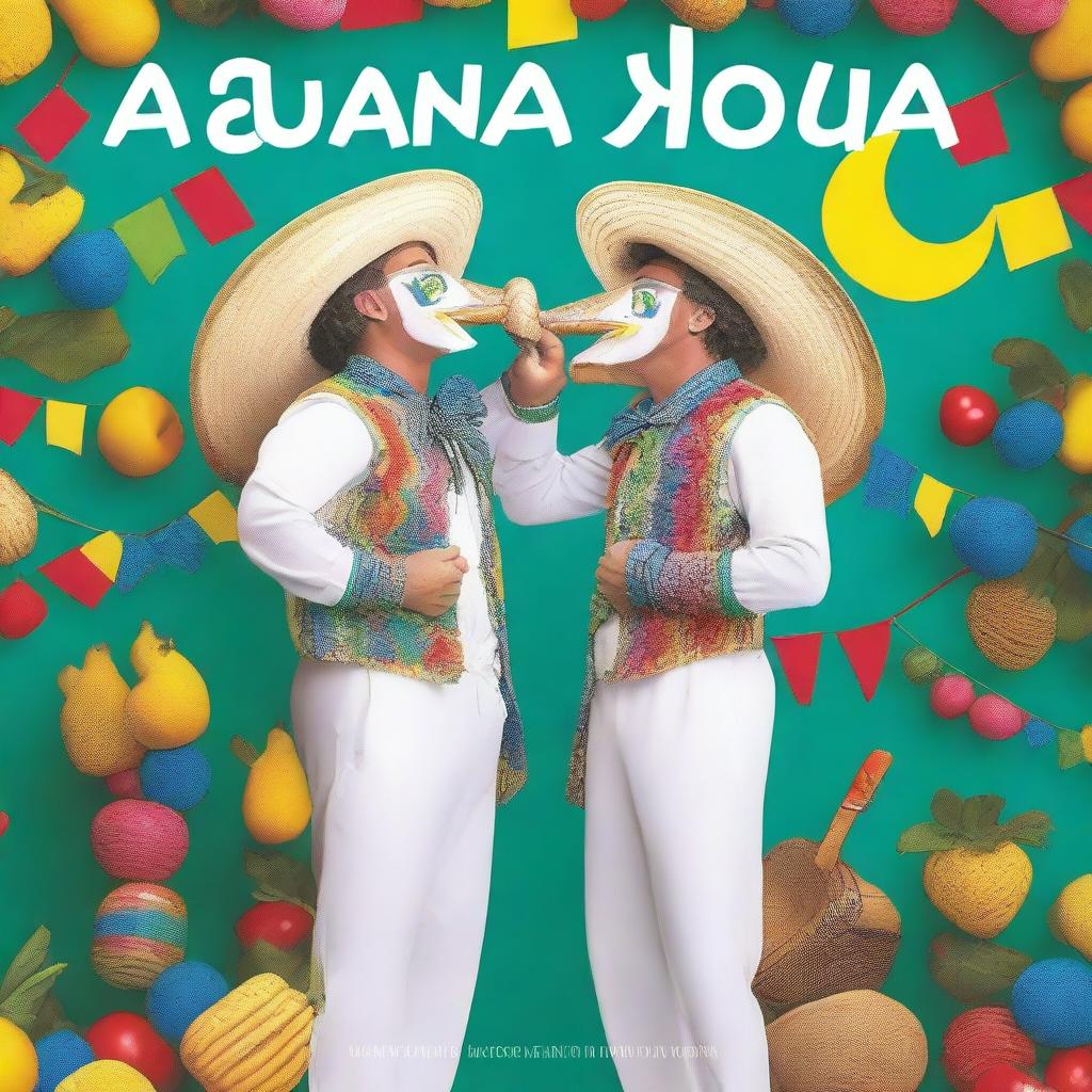 Create a book cover featuring two white men kissing at a Festa Junina, shown in full body