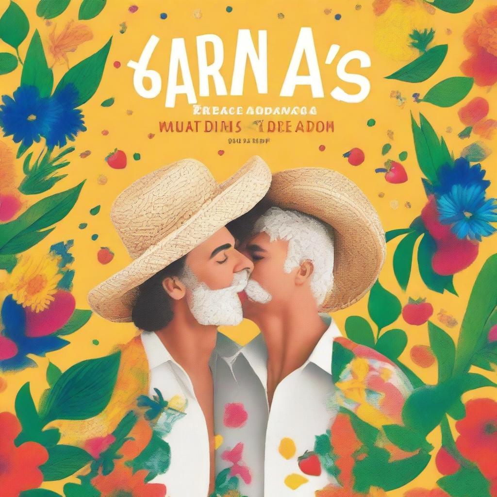 Create a book cover featuring two white men kissing at a Festa Junina, shown in full body