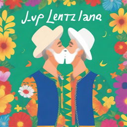 Create a book cover featuring two white men kissing at a Festa Junina, shown in full body