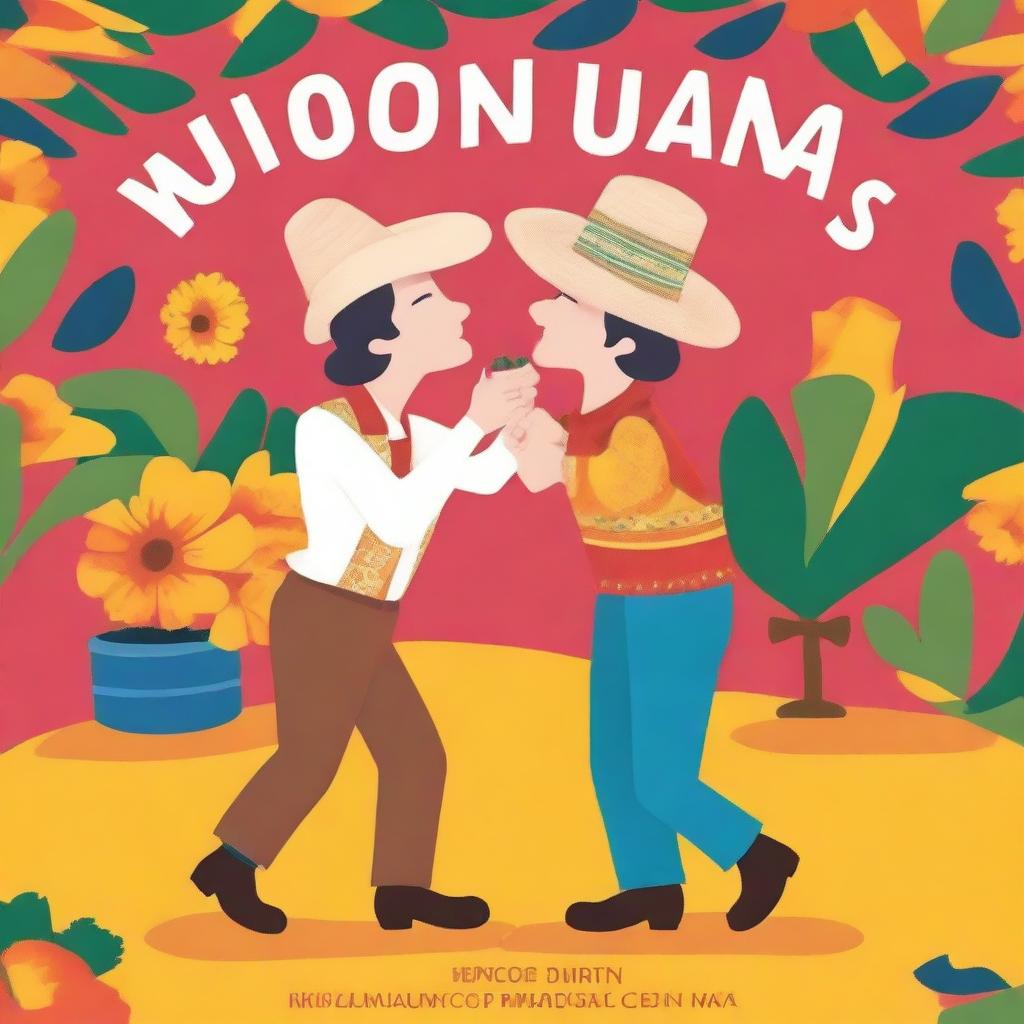 Create a cartoon-style book cover featuring two white men kissing at a Festa Junina, shown in full body