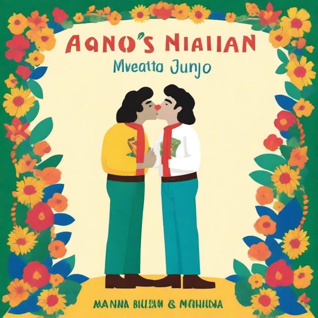 Create a cartoon-style book cover featuring two white men kissing at a Festa Junina, shown in full body