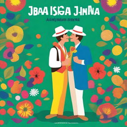 Create a cartoon-style book cover featuring two white men kissing at a Festa Junina, shown in full body