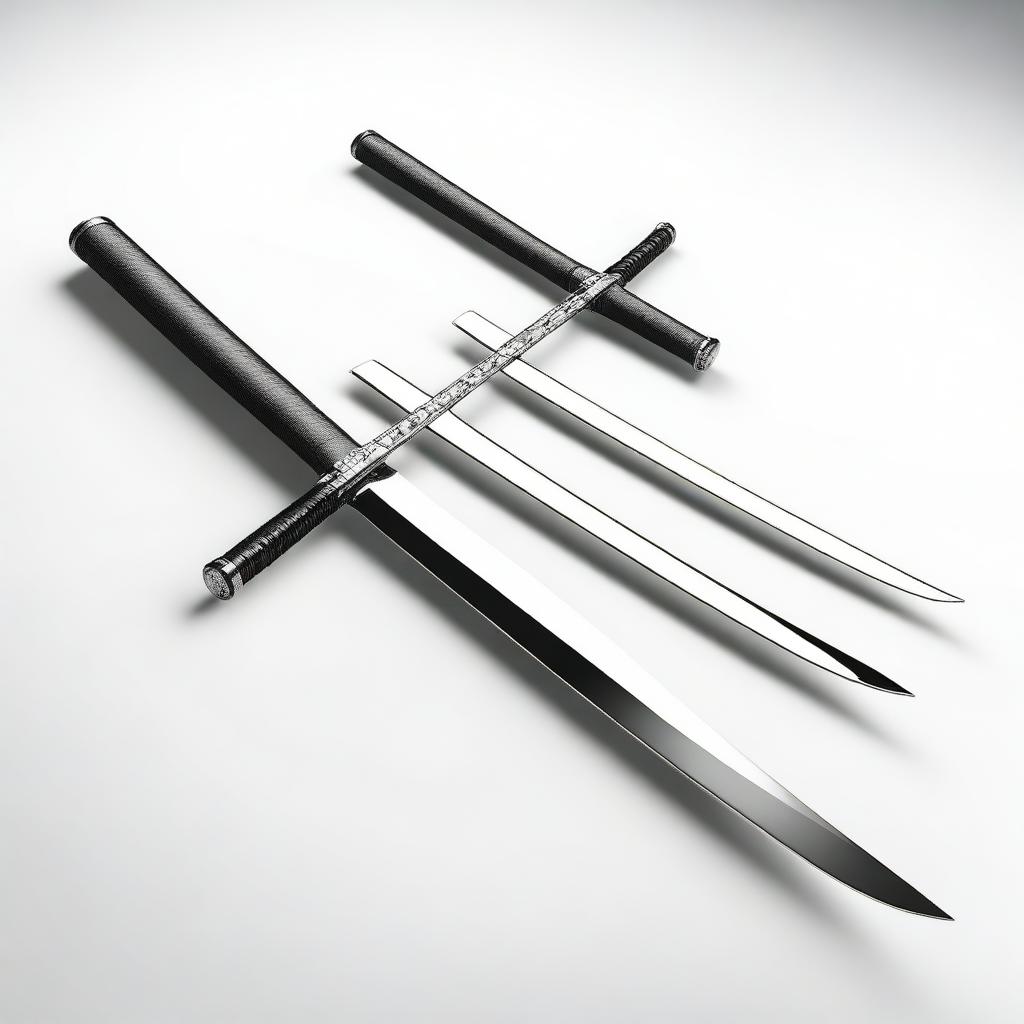 Two katanas with shining edges crossing each other on a white background