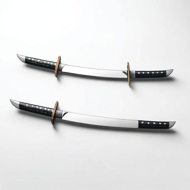 Two katanas with shining edges crossing each other on a white background